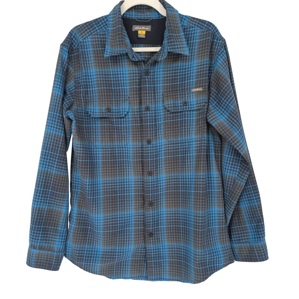 Eddie Bauer Plaid Flannel Shirt Mens M Blue Gray Long Sleeve Button Up Gorpcore